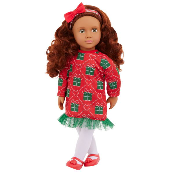 Our Generation Luz 18" Doll with Red & Green Holiday Sweater Dress Outfit