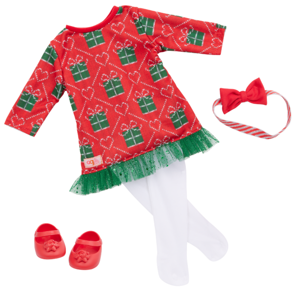 Our Generation Luz 18" Doll with Red & Green Holiday Sweater Dress Outfit