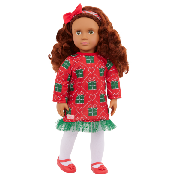 Our Generation Luz 18" Doll with Red & Green Holiday Sweater Dress Outfit