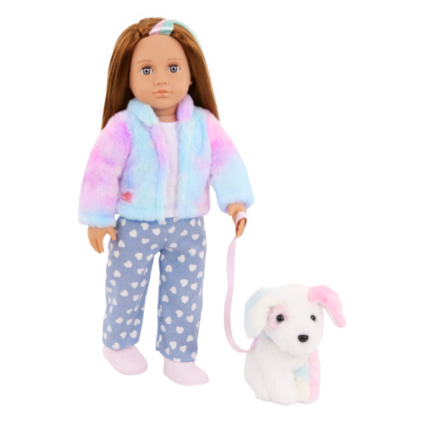 Our Generation Skylar & Bow Matching 18'' Doll & Pet Rainbow Puppy Set