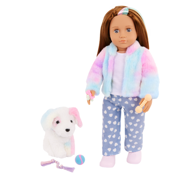 Our Generation Skylar & Bow Matching 18'' Doll & Pet Rainbow Puppy Set