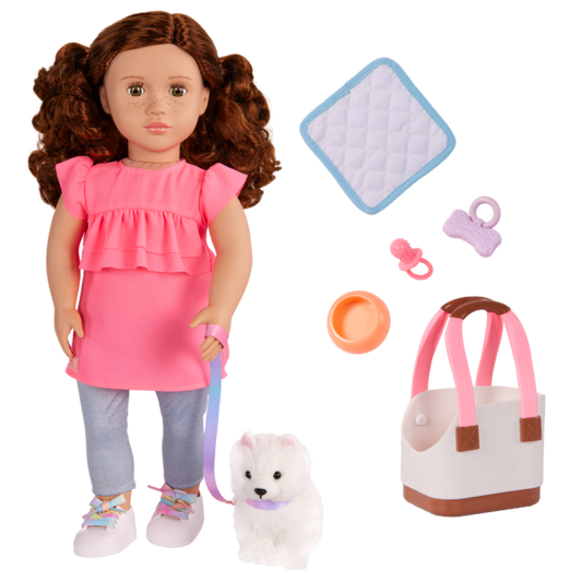 Our Generation Becca & Pearl 18'' Doll & Pet Dog Plush Carrier Accessories Set