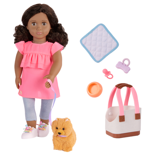 Our Generation Ayanna & Goldie 18'' Doll & Pet Dog Plush Carrier Accessories Set